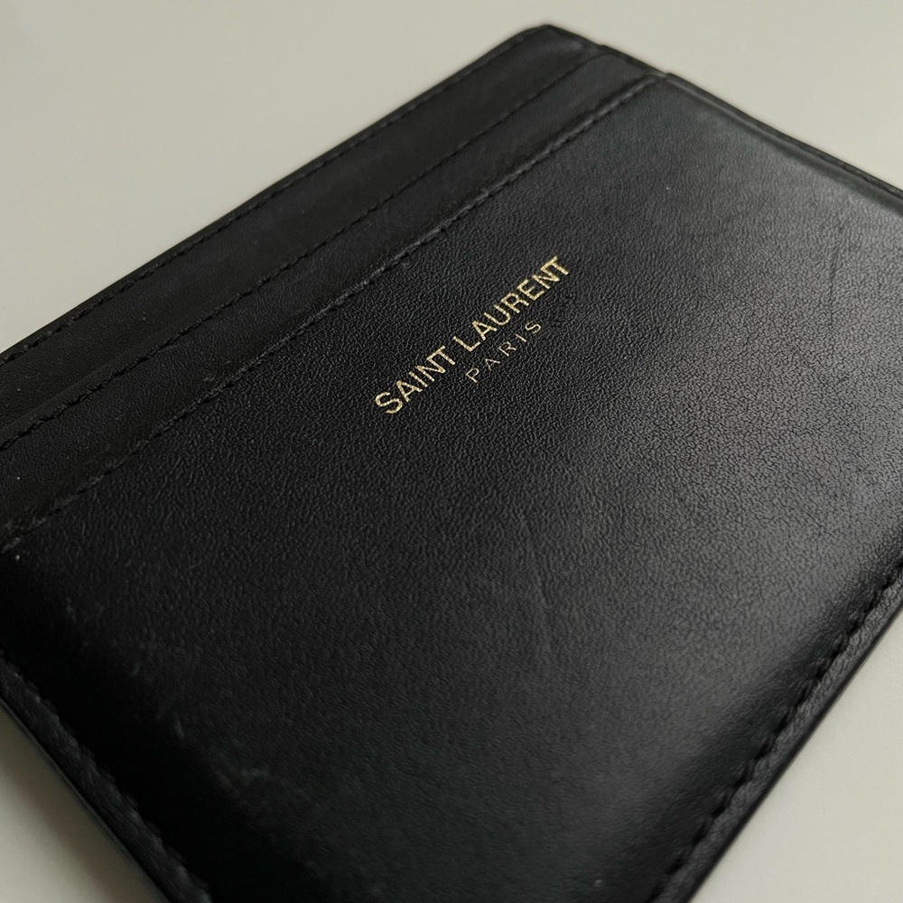 YSL Yves Saint Laurent Smooth Leather Black Gold Cardholder Wallet Pouch Purse - Picture 4 of 9